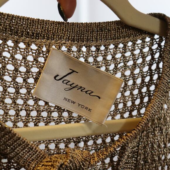 Vintage Jayna New York Metallic Knit Top Tie Neck Gold Sheer Sz XS - Picture 3 of 5